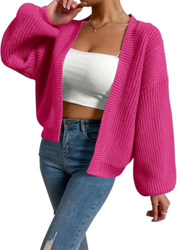 Image of Women's Crop Cardigan Swewater Long Lantern Sleeve Bishop Open Front Ribbed Knit Sweater
