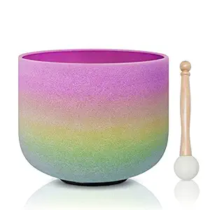 CVNC Rainbow Colored B Note Crown Frosted Quartz Crystal Singing Bowl 8 Inch + Free mallet & O-ring