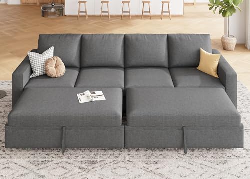 Image of HONBAY Modular Sectional Sleeper Sofa Bed, with Pull Out Bed, Linen Convertible Sectional Couches for Living Room - Dark Grey