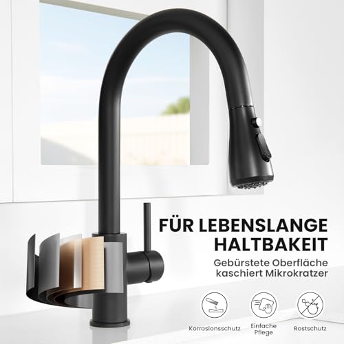 CECIPA Wasserhahn Küche Schwarz mit 3 Modi, Hochdruck Küchenarmatur Ausziehbar, Mischbatterie Küche 360° Schwenkbar, Einhebel Spültischarmatur Küche mit Hohem Bogen, Armatur Küche Edelstahl