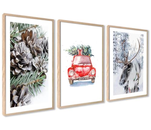 ag.art deco® Juego de pósteres navideños, 3 unidades, 30 x 40 cm, árbol de Navidad, reno rojo, ilustración de coche, para salón, dormitorio, invierno, sin marco