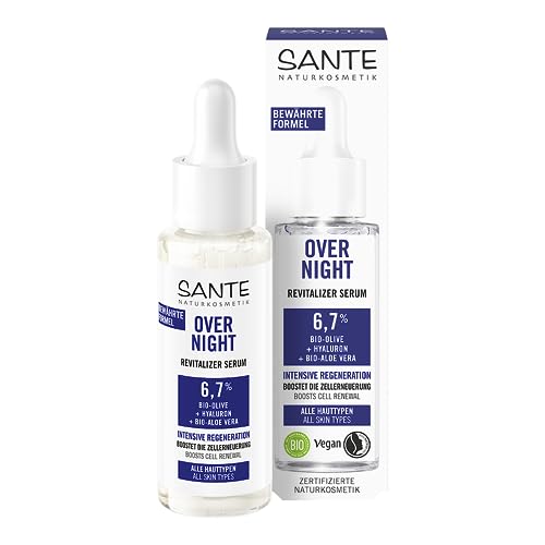 SANTE Naturkosmetik Serum mit Bio-Olive, Hyaluron & Bio-Aloe Vera, für eine intensiv revitalisierte Haut und ein geschmeidiges Hautgefühl über Nacht, Overnight Revitalizer Serum, 30 ml