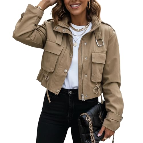 TIAFORD Womens Cropped Zip Up Bomber Jacket Casual Button Utility