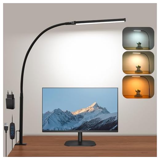 Lampe de Bureau LED, 3 Modes de Couleur 10 Niveaux de Luminosité lampe bureau avec Pince, 360 ° réglable col de cygne flexible lampe de table, Lampen de Lecture, Noir