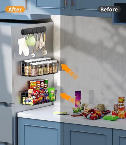 Image of 2Pack Magnetic Shelf for Refrigerator with 2 Moveable Hooks and 1 Hook Rack | Strong Magnetic Spice Rack for Kitchen Storage, Fruit Potato Onion Storage Shelves, Large Magnetic Basket Organizer