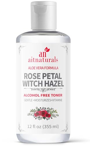 Aitnaturals Rose Petal Witch Hazel Toner 12 fl oz / 355 ml | Enriched with Aloe Vera & Vitamin E | Minimizes Pores Smooths Skin Removes Dirt Evens Tone | Alcohol-Free with Natural Rose Fragrance