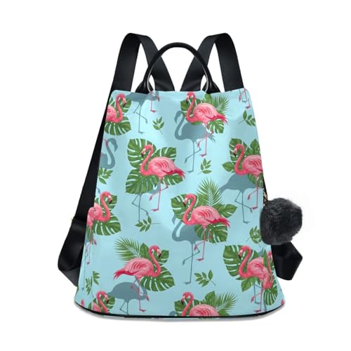 Sac à dos motif flamants roses et feuilles vertes pour femme avec poches multiples antivol