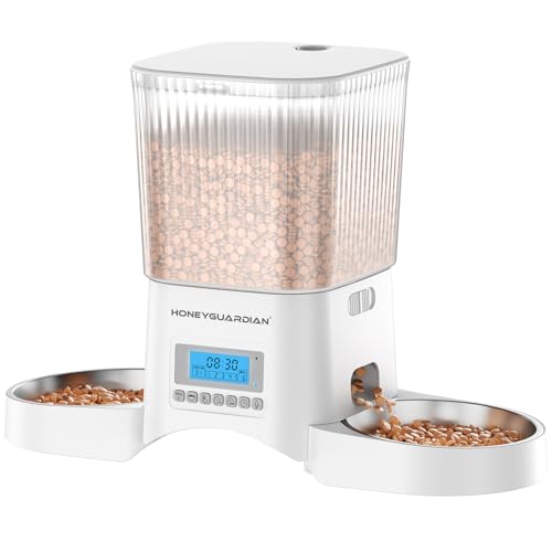 HoneyGuaridan Automatic Cat Feeder for 2 Cats,Automatic Cat Food Dispenser,Timed Pet Feeder for Cats and Dogs,Desiccant Bag, Programmable Portion Control,10s Voice Recorder