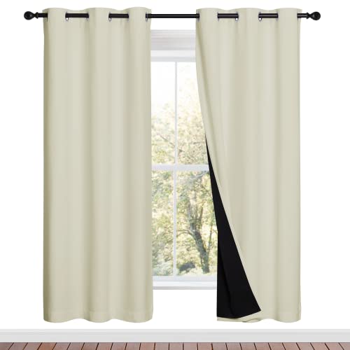Image of NICETOWN Living Room Completely Shaded Draperies, Privacy Protection & Noise Reducing Ring Top Drapes, Black Lined Insulated Window Treatment Curtain Panels (Beige, 2 Pieces, W42 x L72)