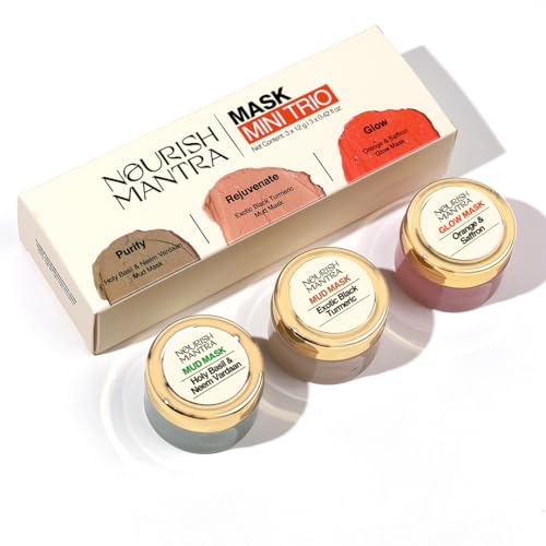Nourish Mantra mask Mini Trio Face Care Kit | Holy Basil & Neem Vardaan Mud Mask, Exotic Black Turmeric Mud, Orange & Saffron Avanda Glow | for Rejuvenated & Glowing Skin (12g each)