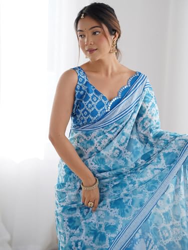 Image of Panzora Women's Chinon Printed Saree With Unstitched Blouse Piece