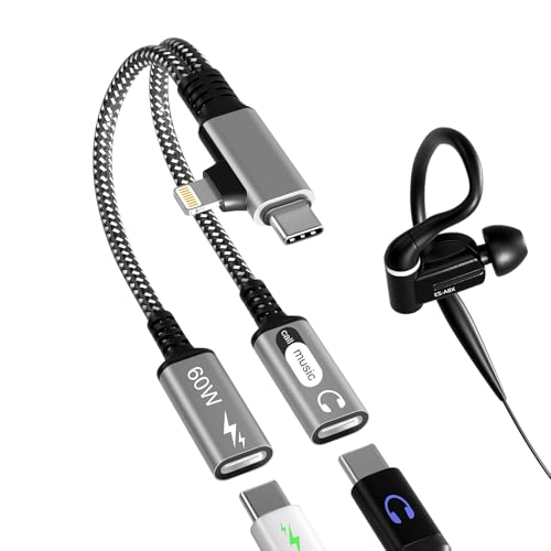 Dual USB C Headphone and Charger, 2 in 2 Type C and Lightning Splitter with PD 60W Charger, Dual USB C Splitter Audio and Charging for iPhone 16 15 14 13, Galaxy, iPad, Support Calls, Line Control