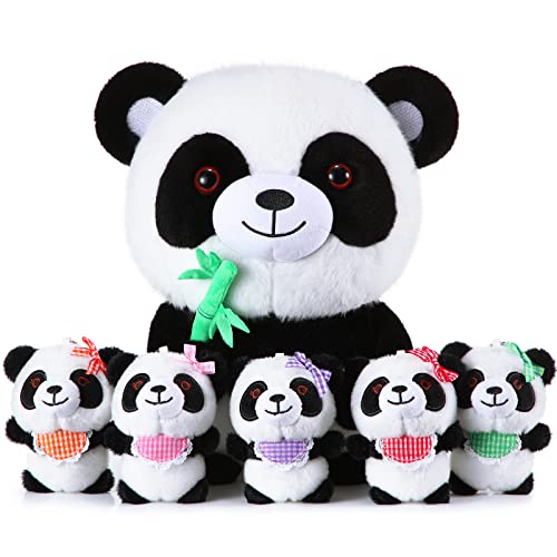Hydren Panda Stuffed Animal With 5 Baby Pandas Cute Bamboo Plush Set Soft Mama Lovely Babies Toys For Boys Girls Birthday Gift Home Sofa Room Party Décor, 12 Inch/ 30 Cm, 4 Inch/ 10 Cm #TOP22