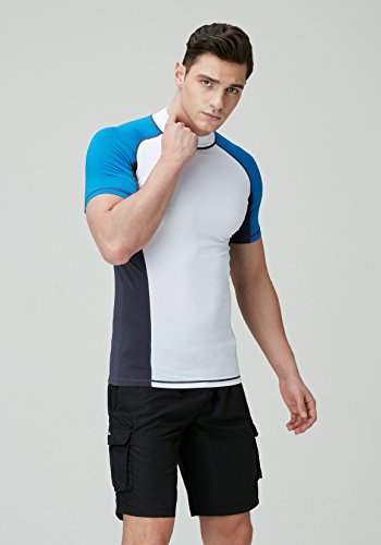 Tsla Men's Rash Guard Swim Shirts, Upf 50+ Quick Dry Mid/Short Sleeve Swimming Shirt, Uv/Spf Water Surf Shirts, Short Sleeve Guard White & Blue, Large #TOP3