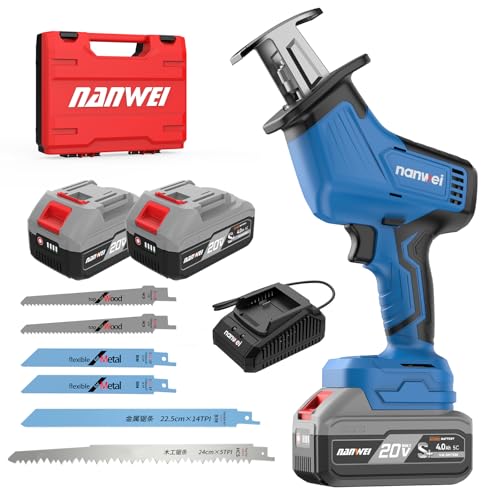 Image of NANWEI Cordless Reciprocating Saw, 20V Brushless Motor 3500RPM Variable Speed, 2x4.0Ah Batteries, Tool-Free Blade Change, LED Light, 6 Blades, Portable for Wood /Metal /PVC Cutting (4.0Ah Batteries)