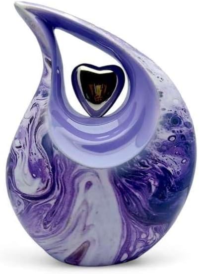 Teardrop Urn Full Size Purple Marble Finish with Silver Heart Aluminum Teardrop Cremation Urn for Human Ashes Amethyst Upto 210Lbs - Adult Urn for Male & Female
