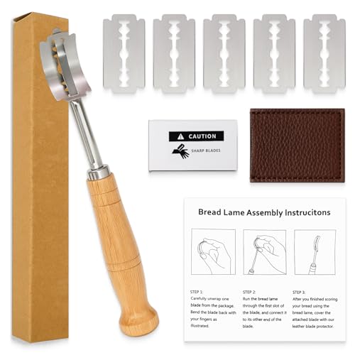 zizitips Cuchillo para Pan 19 CM con 5 hojas de acero inoxidable 06Cr13, mango de madera hecho a mano, funda de cuero, cuchilla panadero profesional para corte de pan, baguettes y panes artesanales