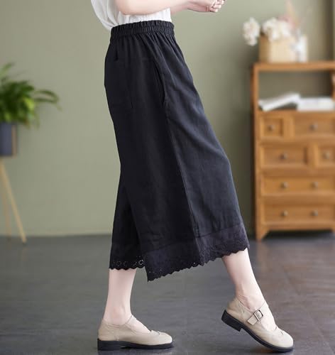 chouyatou Women's Cute Eyelet Embroidery Ruffle Hem Wide Leg Capris Elastic Waist Cropped Pants with Pockets3