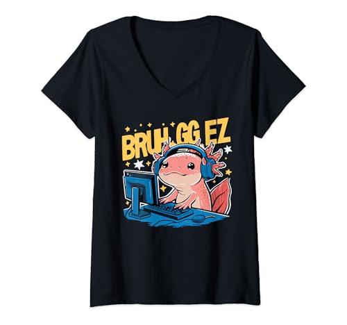 Womens Bruh, GG EZ Gaming Kawaii Axolotl PC Gaming Anime V-Neck T-Shirt