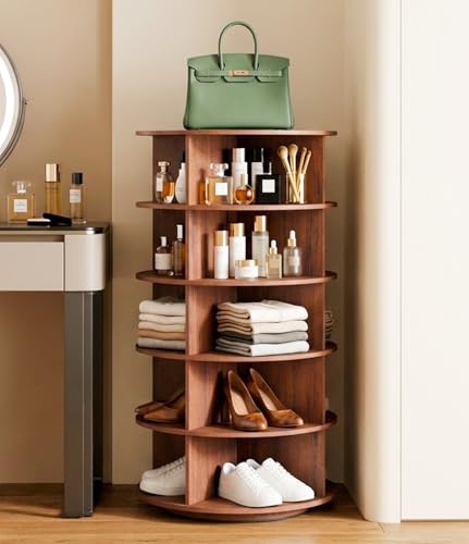 Image of 360 Rotating Multipurpose Storage Cabinet - Laminated Engineered Wood Organizer Rack | Space-Saving Rotating Shelf for Bedroom, Living Room, Dressing Area & Bathroom (Teak Brown, 5-Tier)