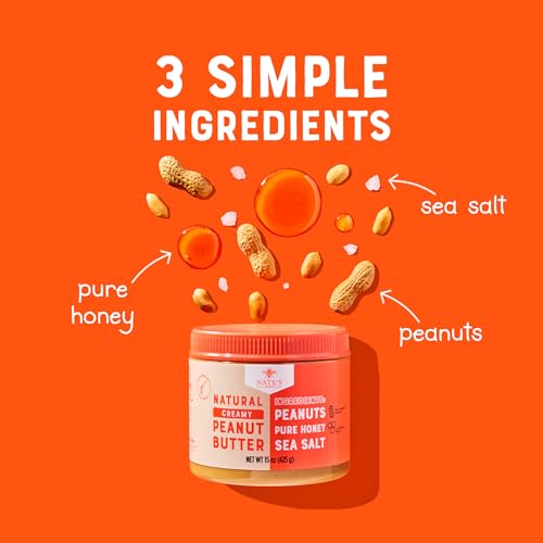 Image of Nate's Honey Peanut Butter - 15 oz Jar | Creamy, All-Natural - 3 Real Ingredients, Sweetened Only with Pure Honey - No Refined Sugar, No Palm Oil, Easy to Stir