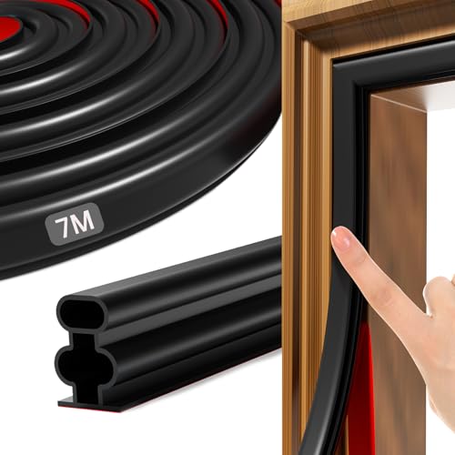 Draft Excluder Seal Strip Replacement 275 Inch/7 M Self-Adhesive Rubber Draught Excluder Weather Stripping for Door Frame Windows Soundproof Insulation Suit for 5 to 9mm Gap (Black, 7M)