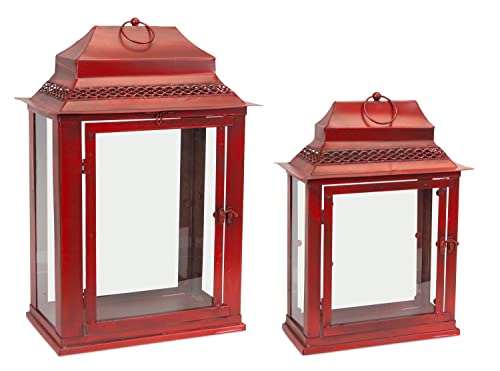 Melrose Lantern, 8.75"W X 22.25"H, Antique Red, Decorative Hanging Metal And Glass, Outdoor Porch Deck Patio, Home Room Décor, Lantern Candle #TOP6