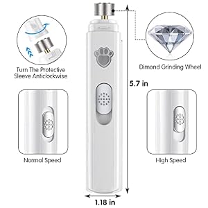 Dog Nail Grinder, 2-Speed Rechargeable Dog Nail Trimmers for Large Medium & Small Dogs, Upgrade Professional Electric Pet Paws Nail Grinder, Quiet Puppy Grooming Tool Cat Dog Nail Dremel White