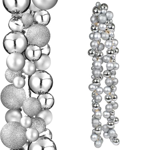 BAKAJI Ghirlanda Natalizia 142 Palline di Natale da 3cm e 5cm, Festone Natalizio 180cm Addobbo Decorazione Interno e Esterno Design Matt e Glossy, Camino, Albero, Corrimano, Porta (Argento)