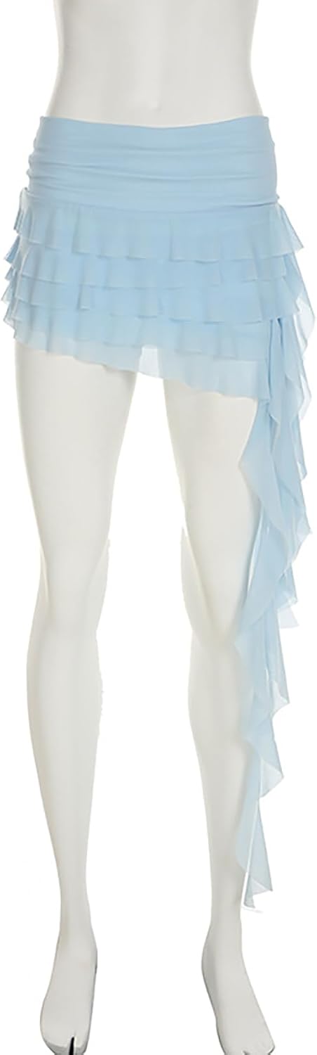 Womens Tulle Short Skirt Sexy Y2K Asymmetrical Low Waist Flowy Ruffle Pleated Mini Skirts Dance Sexy Rave Cloth