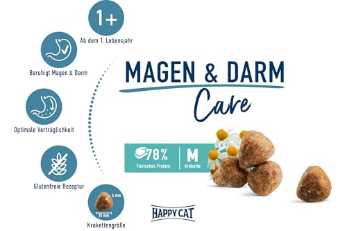 Happy Cat 70596- Care Magen & Darm - Katzen-Trockenfutter mit Ente für Sensible Katzen und Kater - 1,3 kg Inhalt