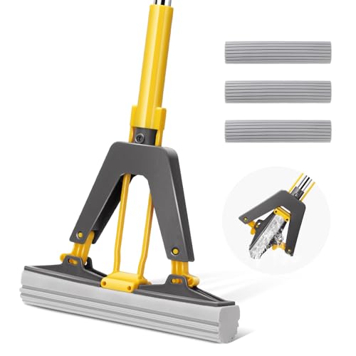 Myiosus Balai Eponge, Balai éponge Magique Absorbant avec Essoreuse Intégrée, Serpillière éponge avec 3 Réutilisables PVA éponge Head, Balai Serpillere pour Nettoyage de Sols