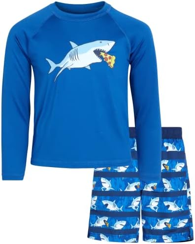 iXtreme Boys' Rashguard Set - UPF 50+ 2-Piece Long Sleeve Swim Shirt and Trunks Swimsuit Set (Infant/Toddler/Kid), Size 14, Royal/Pizza Shark