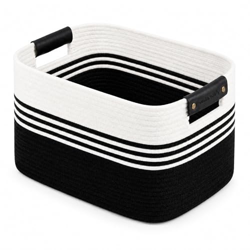Image of Cotton Rope Laundry Basket Extra Large, 22.8GAL Collapsible Woven Storage Baskets for Living Room Kids Toys Stuffed Animal,Boho Rectangular Decorative Hamper for Dirty Clothes, Blankets White Black