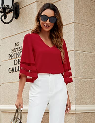 Luvamia Women's Casual V Neck Blouse 3/4 Bell Sleeve Mesh Panel Shirts Loose Tops Blousess Red Size Xl #TOP2