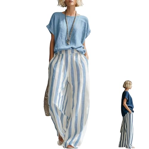 Cozy Loose-Fit Striped Cotton-Linen Two-Piece Set, Casual Shirt & Classic