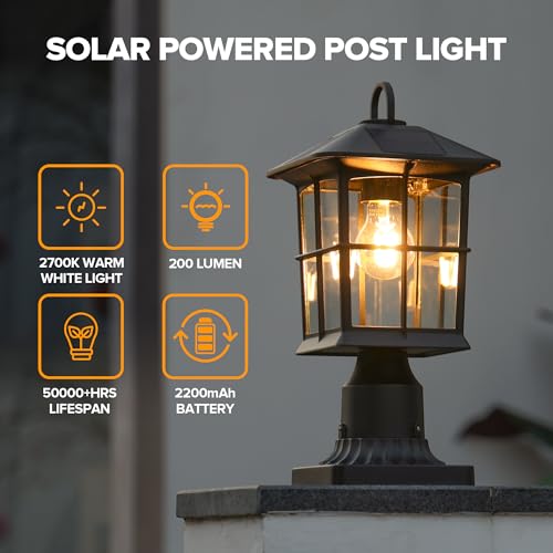 LUTEC Outdoor Solar Lamp Post Light with Pier Mount Base, Dusk to Dawn Waterproof Post Light Fixtures, Black Solar Powered Aluminum Lamp Post Lights for Outside - Thumbnail 4