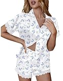 Ekouaer Womens Satin Pajama Set Lace Trim Button Down Pj Shorts Set Bridesmaids Getting Ready Outfits Bridal Party Gifts, Blue Bow Hydrangea, Small