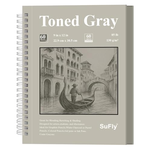 SuFly Gray Sketchbook 9" x 12" - 60 Sheets Spiral Bound Sketch Book, 85lb/130gsm Drawing Paper Pad for Graphite, Charcoal, Colored Pencils and Gel Pens.