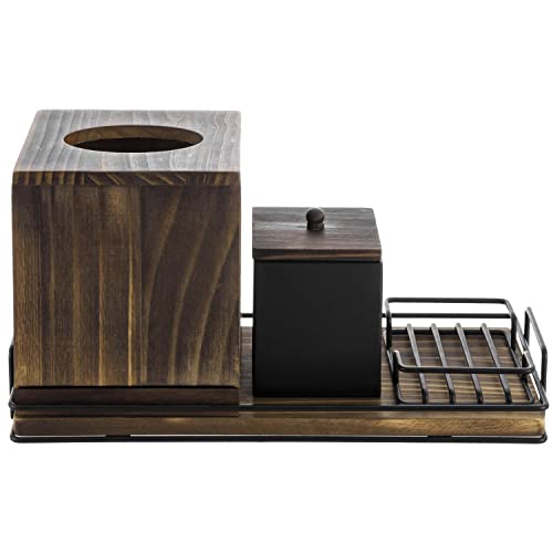 MyGift 4 Pc Bath Accessories Set, Rustic Burnt Wood and Industrial Matte Black Metal Bathroom Combo Set - Tissue Box Cover, Soap Dish, Cotton Swab Holder, Vanity Tray - Image 7