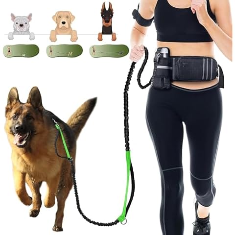 Heelay Hands Free Dog Leash for Medium and Large Dogs with Waist Belt Pouch 55-78" Running Dog Leash with Double Hand Loops Reflective Stitches,Green Cover