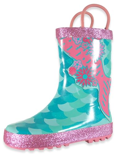 Girls Rain Boots for Toddlers - Waterproof Rubber Rainboots with Easy-On Handles (3D Mermaid Tail, Size 10)