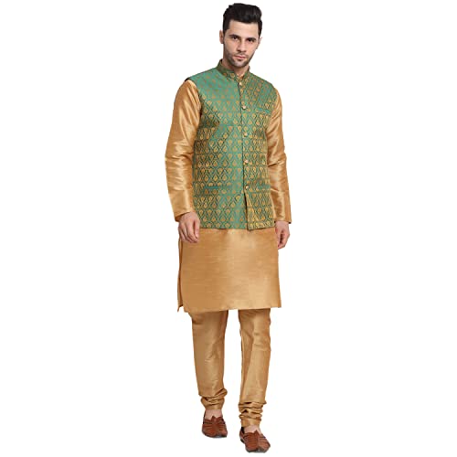 Image of KRAFT INDIA Mens Gold Silk Blend Kurta and Churidar Set With Jacquard Paisley Nehru Jacket