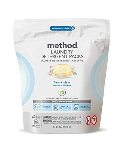Image of Method Laundry Detergent Packs; Fragrance Free + Clear; Plant-Based Stain Remover that Works in Hot & Cold Water; 42 Packs per Bag; (Pack of 1)