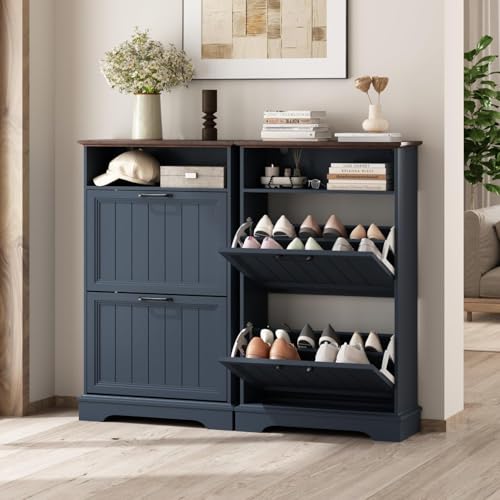 Image of 24 inch W Hidden Shoe Storage Cabinet with 2 Flip Drawers & Open Storage