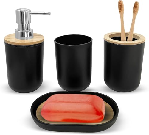 El Mejor Listado de Set para baño Top 5. 42 KOOLMARK Accesorios para Baño Juego de 4 Accesorios De Baño, Dispensador de Jabón, Porta Cepillos y Vaso, Diseño Elegante y Funcional (Negro)