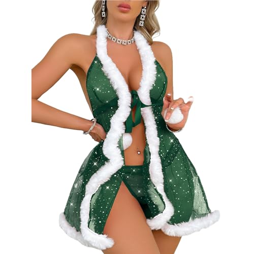 JasmyGirls Sexy Santa Lingerie for Women Christmas Slutty Green Santa Claus Costume Elf Outfits Xmas Holiday Sheer Unwrap Me Nightgown