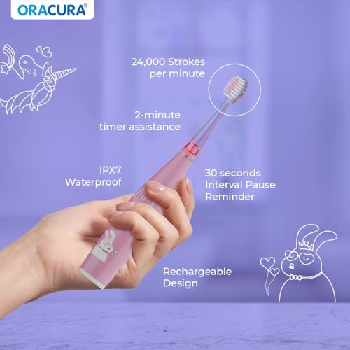 Image of ORACURA KSB200 Kids Sonic Electric Rechargeable Toothbrush, 3-10 Years, 24,000 strokes /min, With 3 Modes, IPX7 Waterproof, Smart 2-Min Timer, Rechargeable Lithium Battery, LED & Colorful Lights (Pink)