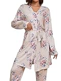 Cormfywear Women's Pajamas Set 3 Pcs Floral Cotton Pj Sets Nightwear Cami Nightwear with Robe and Pants#A Beige Large