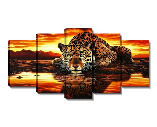 5Pcs Leopard Canvas Wall Art African Animal Picture Leopard Reflection